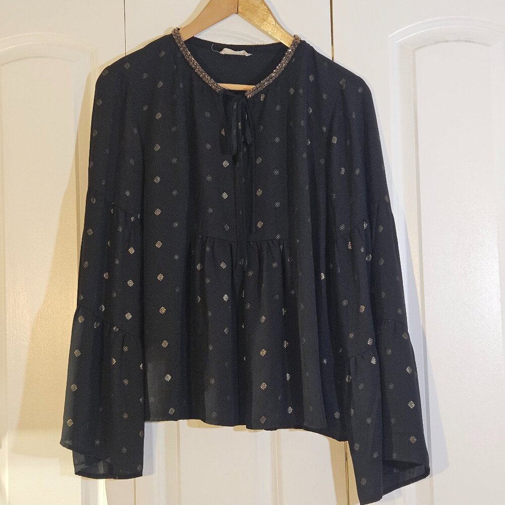 Altar'd State Black Long Sleeve Blouse with Gold Metallic Dots